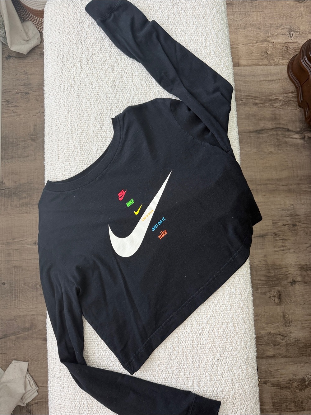 Nike Black Long-Sleeve Crop Top with White Swoosh and Multicolor Accents